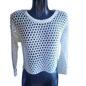 Garage White Open Knit Cropped Long Sleeve Top XS